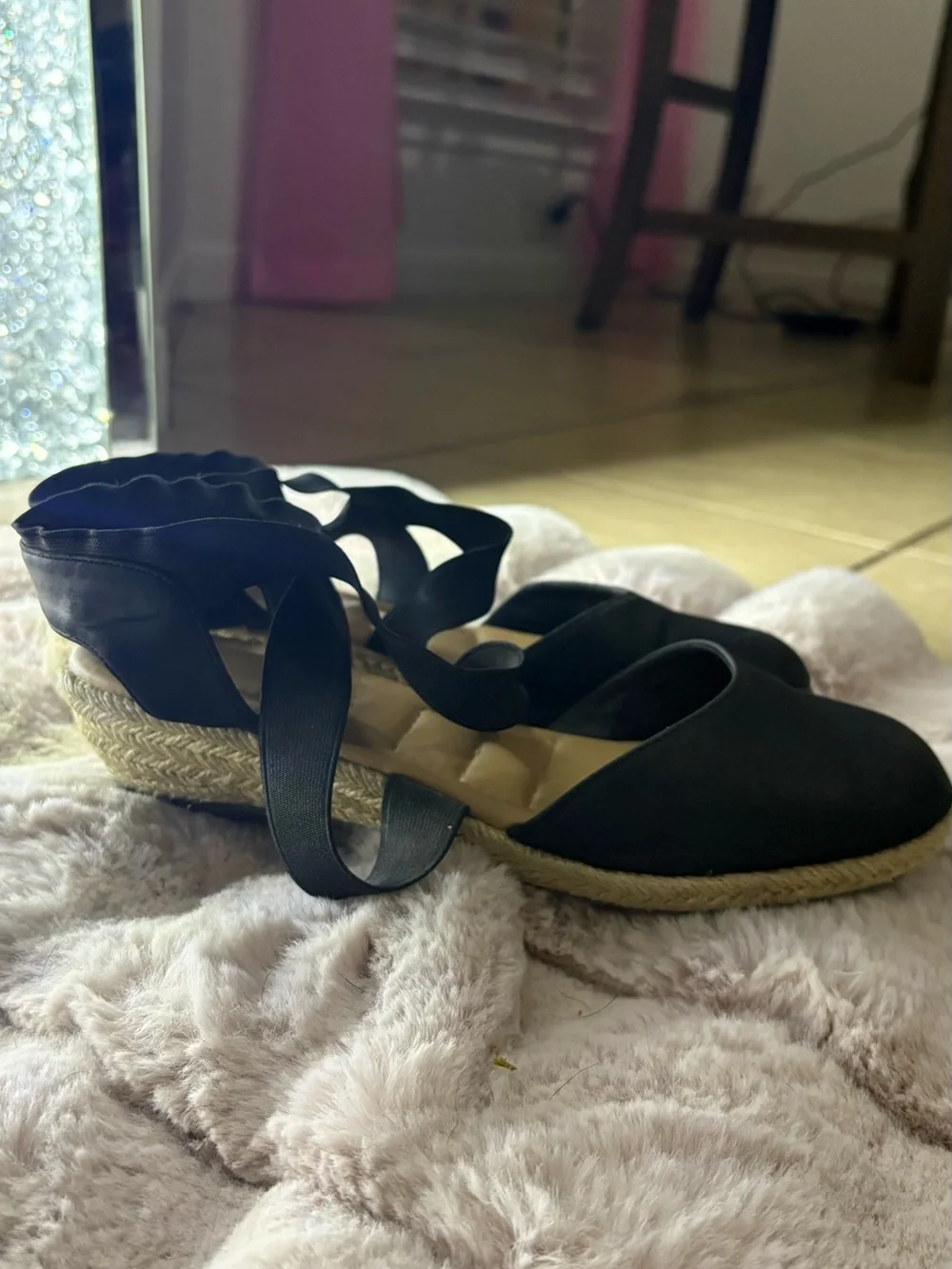 Black Espadrille Wedge Flat with ankle tied